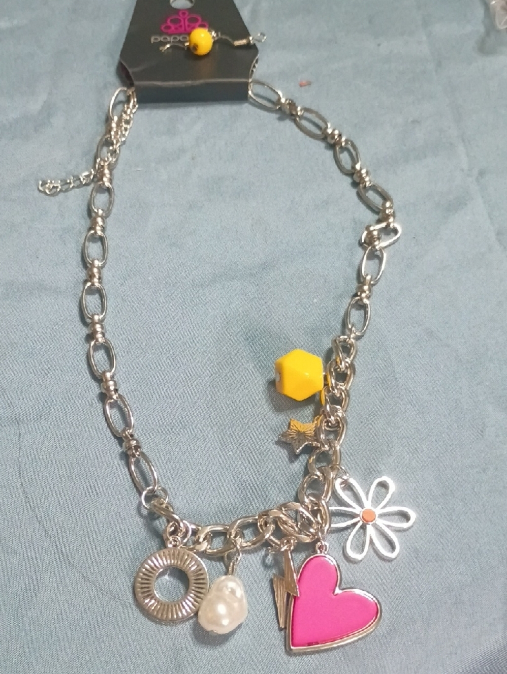 paparazzi Silver Chain Charm Necklace with Pink Heart & Yellow Accent